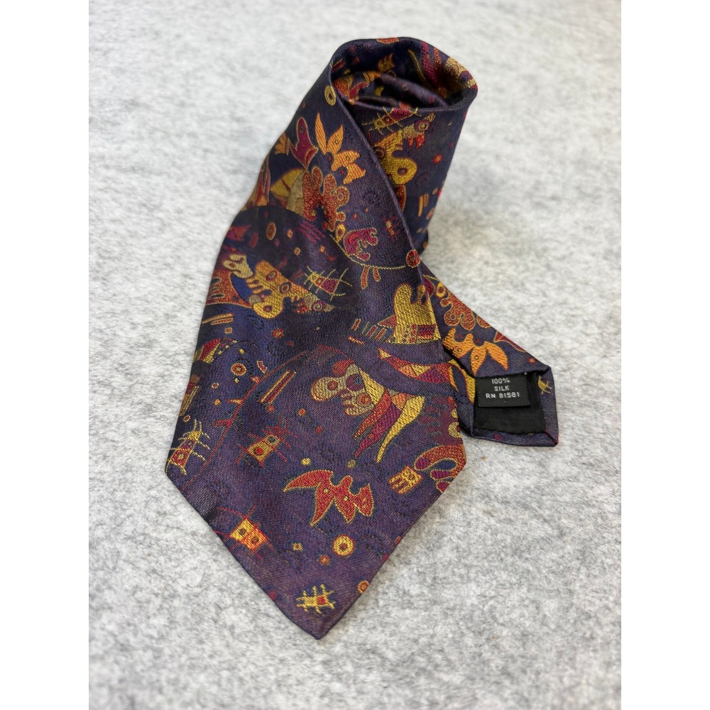 Paul Bri Mens Purple Gold Red Abstract Novelty Print 100% Silk Necktie RN 81581